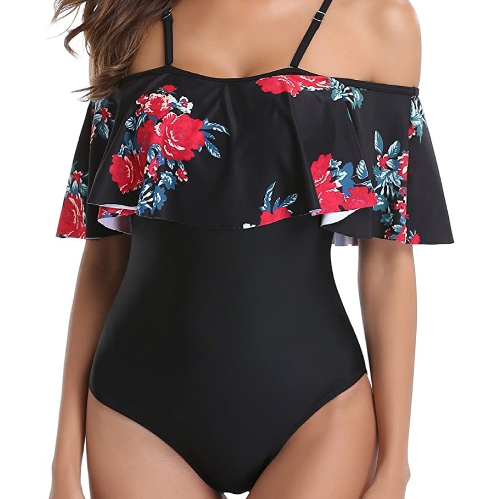 Black floral one piece off shoulder swimsuit